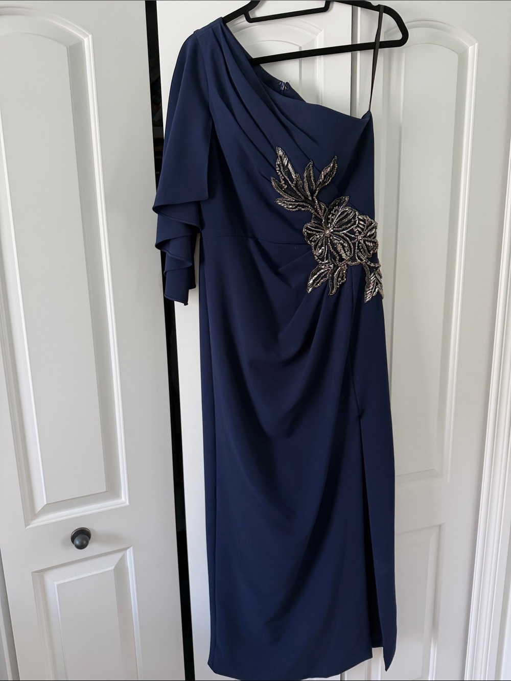 Theia Navy One-Shoulder Evening Dress with Beaded Floral Detail